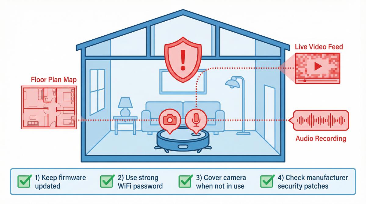 Diagram showing what data a robot vacuum collects — camera, microphone, floor plan — and four steps to protect your home privacy