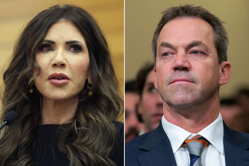 Kristi Noem testifying at the House Judiciary Committee hearing on March 4, 2026, with Bryon Noem seated behind her