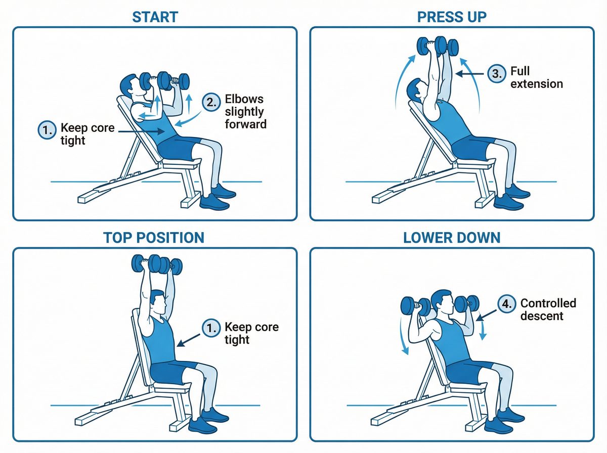 Step-by-step dumbbell shoulder press form guide showing start position, press up, top position, and controlled descent