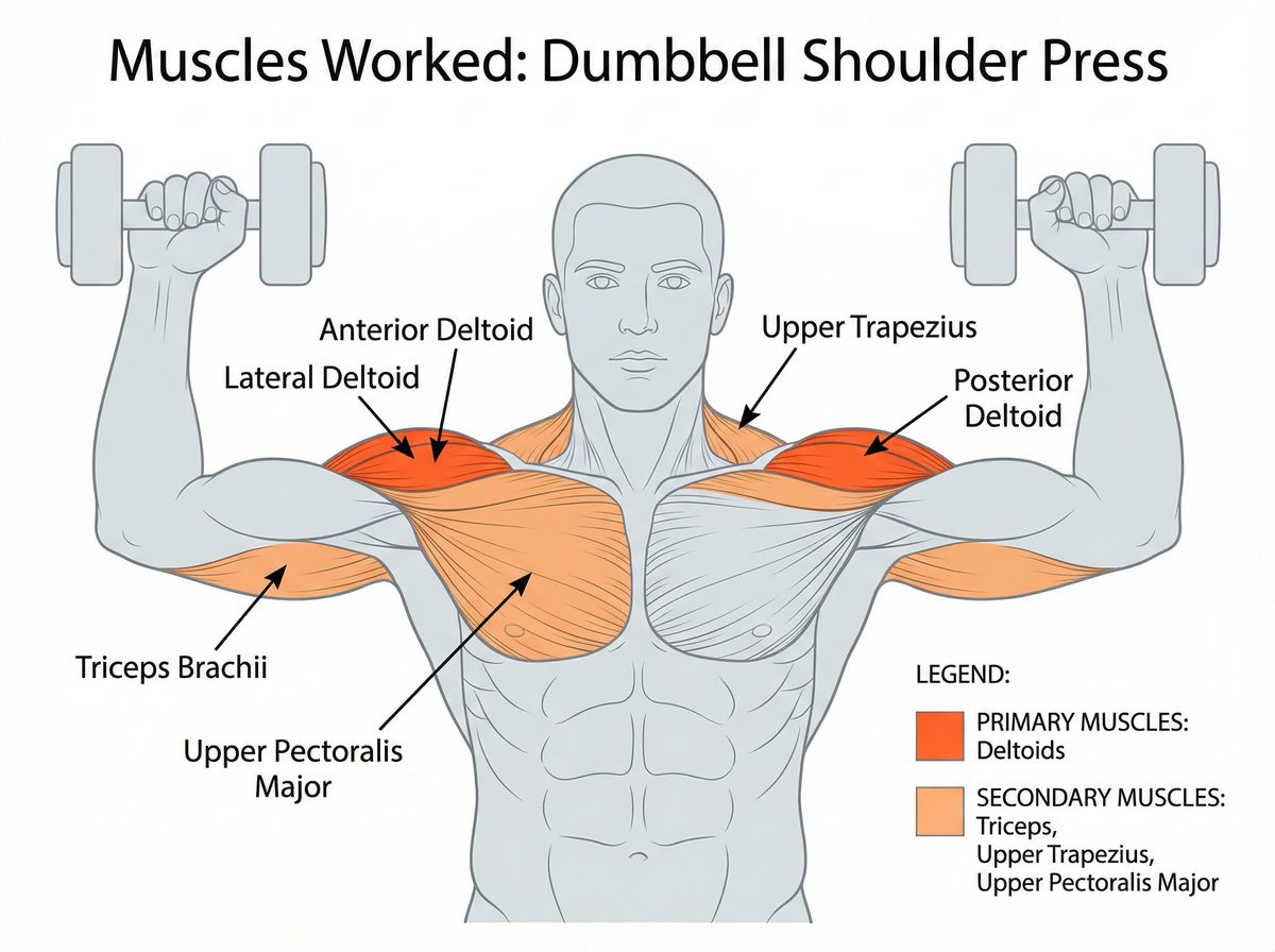 Anatomical diagram showing muscles worked in the dumbbell shoulder press: anterior deltoid, lateral deltoid, posterior deltoid, triceps, upper trapezius, and upper pectoralis major
