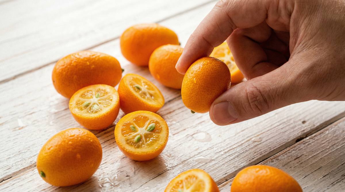 Fresh kumquats whole and cut in half on a white wooden table, showing the tart flesh and sweet edible peel
