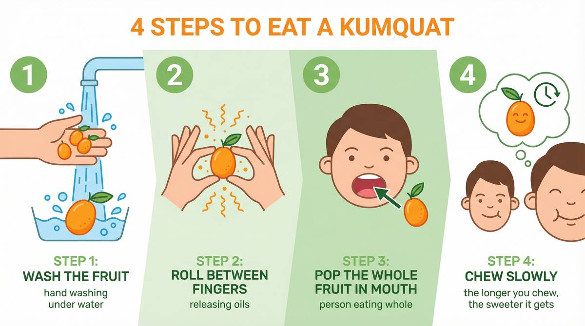 Step-by-step infographic showing how to eat a kumquat: wash, roll between fingers, pop whole in mouth, chew slowly