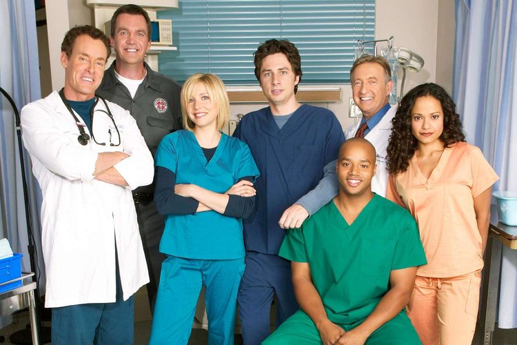 The Scrubs revival cast including Donald Faison, Zach Braff, and Sarah Chalke on ABC in 2026