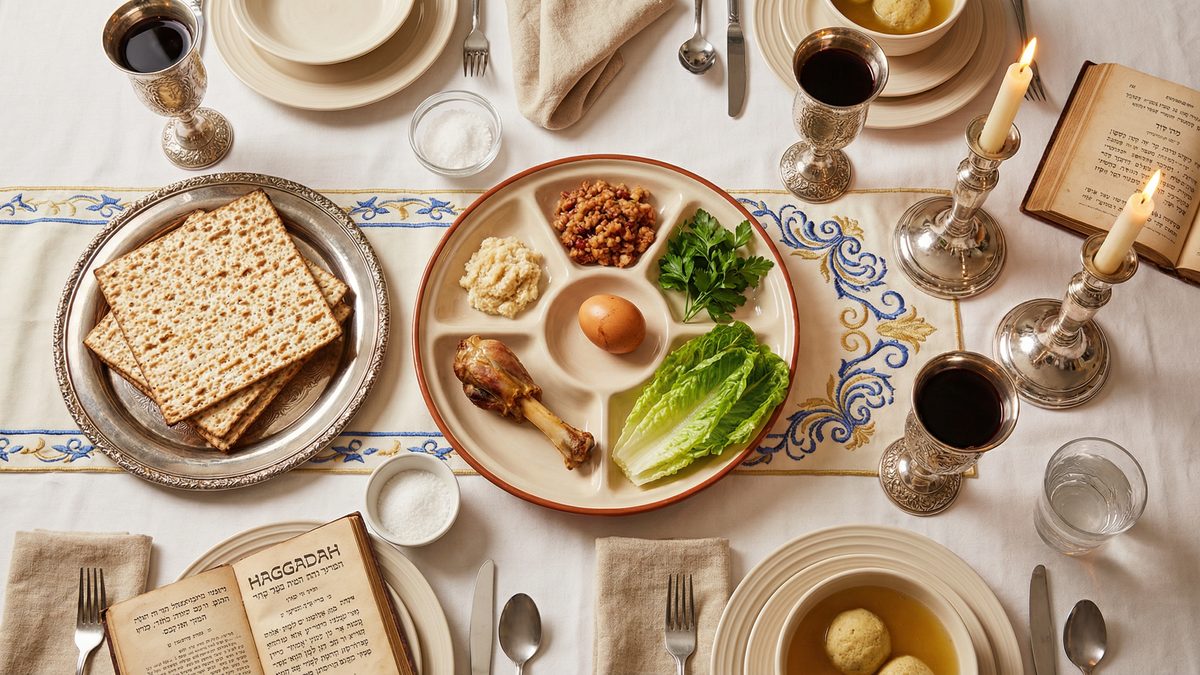 A traditional Passover Seder table set with Seder plate, matzah, Kiddush cups, Haggadah, and candles