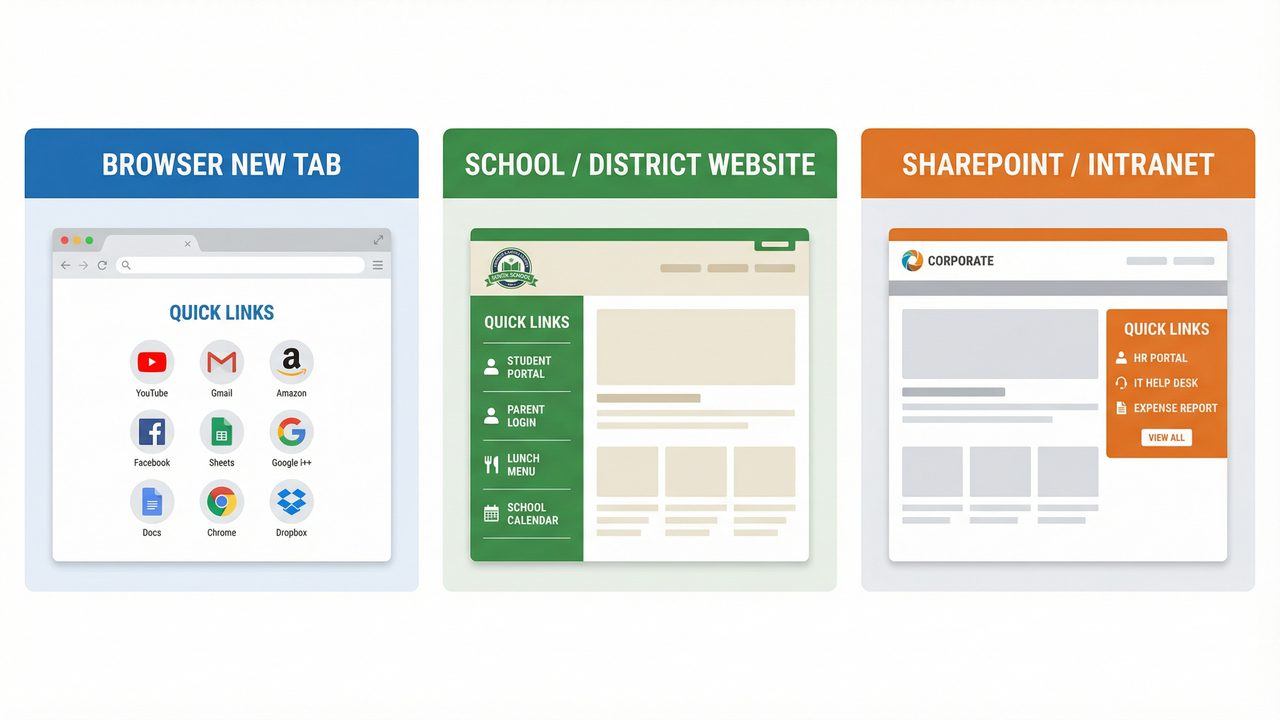 Quick Links in three contexts: browser new tab, school website, and SharePoint intranet