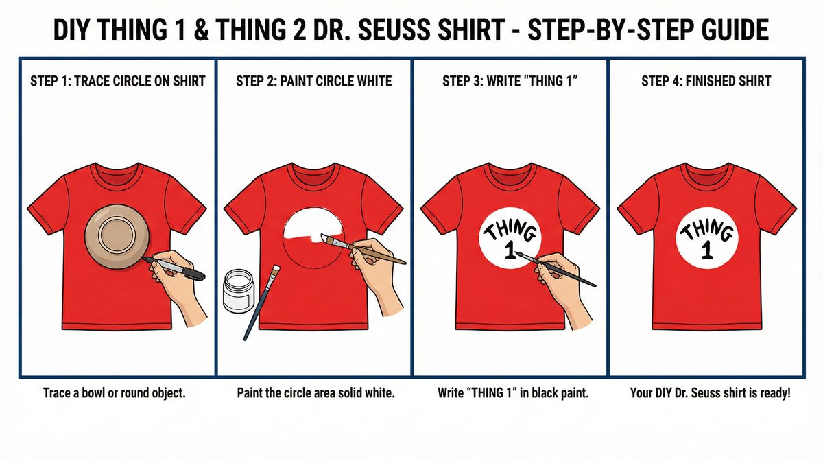 4-step diagram showing how to paint a Thing 1 shirt: trace circle, paint white, write THING 1, finished shirt