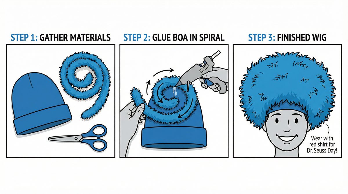 3-step diagram showing how to make a Thing 1 Thing 2 blue wig: gather materials, glue boa in spiral, finished wig