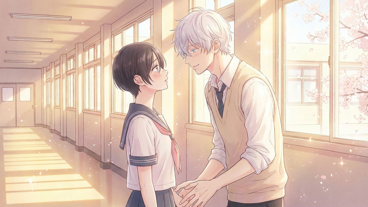 Yoi Takiguchi and Kohaku Ichimura in a school hallway — In the Clear Moonlit Dusk anime